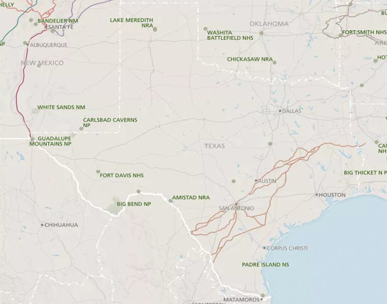 國(guó)家公園，古跡，歷史遺跡，自然保護(hù)區(qū)和德克薩斯州名勝古跡的地圖