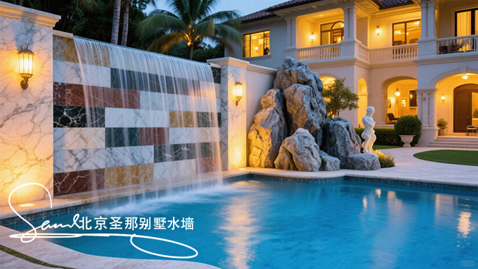 jimeng-2025-06-20-8482-這是一別墅處戶外大理石制作的平板水墻景觀。水墻由多種平面石板組成漂亮的效果。水從....jpeg